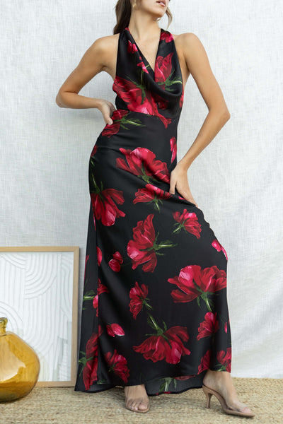 Floral Halter Satin Dress