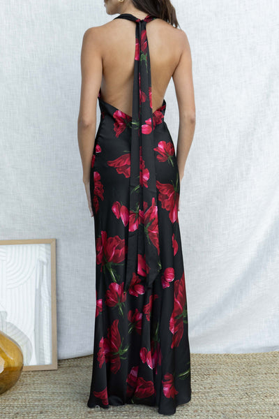 Floral Halter Satin Dress